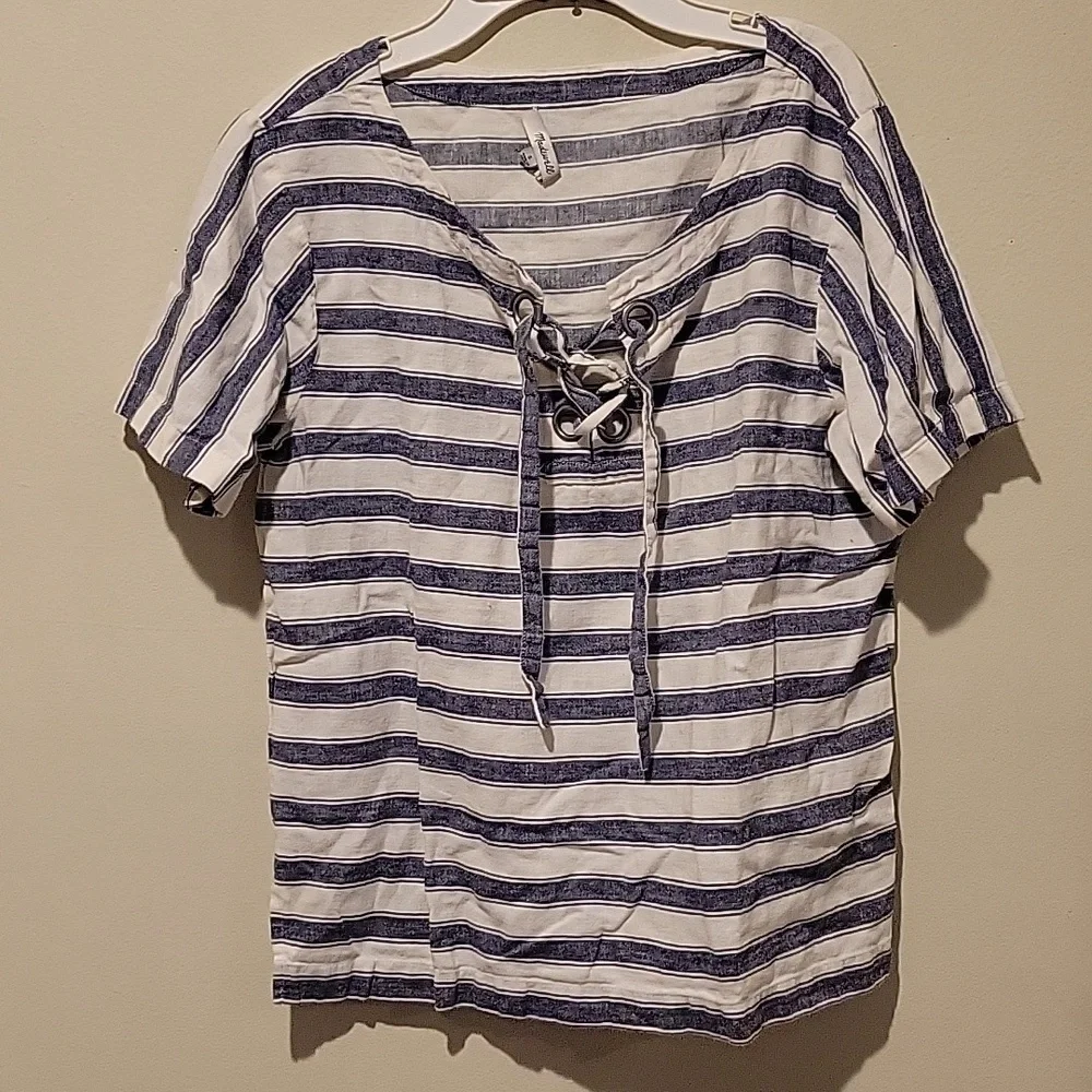 ❤️ MADEWELL STRIPED LINEN LACE UP TOP, SMALL